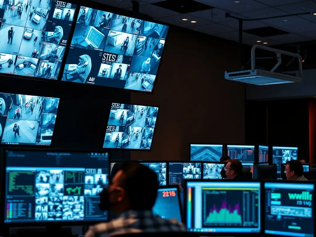 Inside Patrol Pro's modern monitoring center, showing staff monitoring multiple screens displaying security feeds and alarm systems.