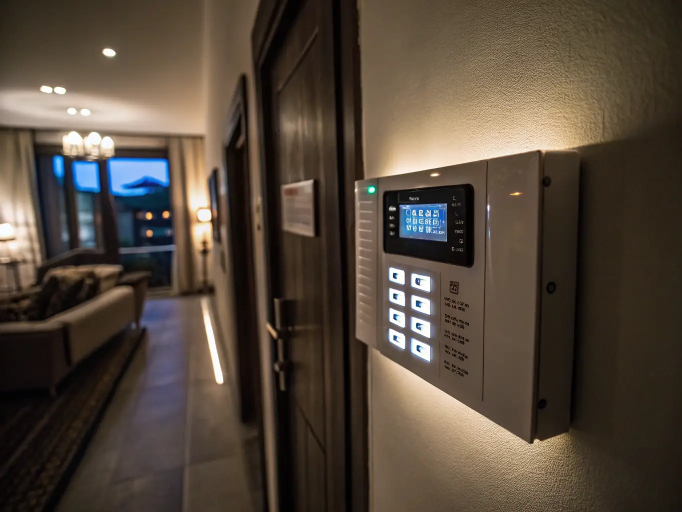 A sleek alarm control panel with indicator lights, installed in a modern home or office, providing instant alerts in case of security breaches.