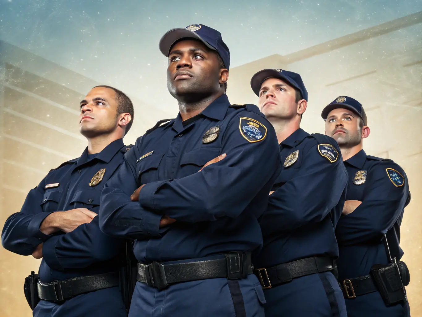 A diverse team of security professionals in Patrol Pro uniforms, standing confidently in front of a modern office building during daylight.