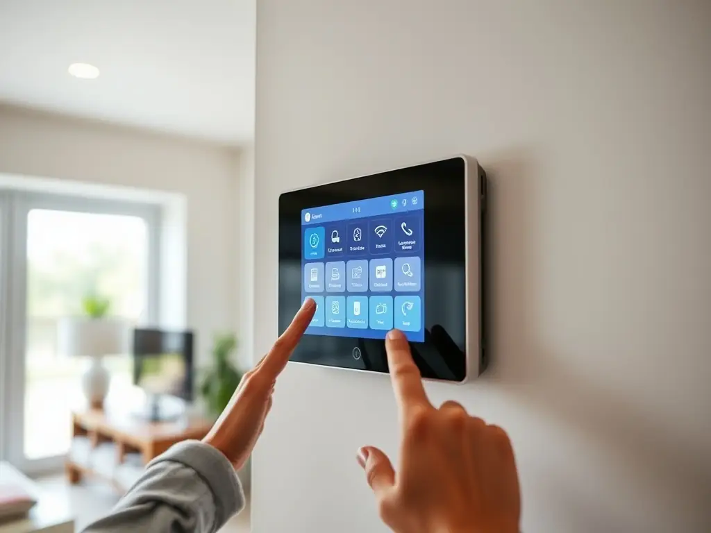 A modern home alarm system keypad with a touch screen, displaying a message indicating the system is armed. The setting is a well-lit, contemporary home interior.