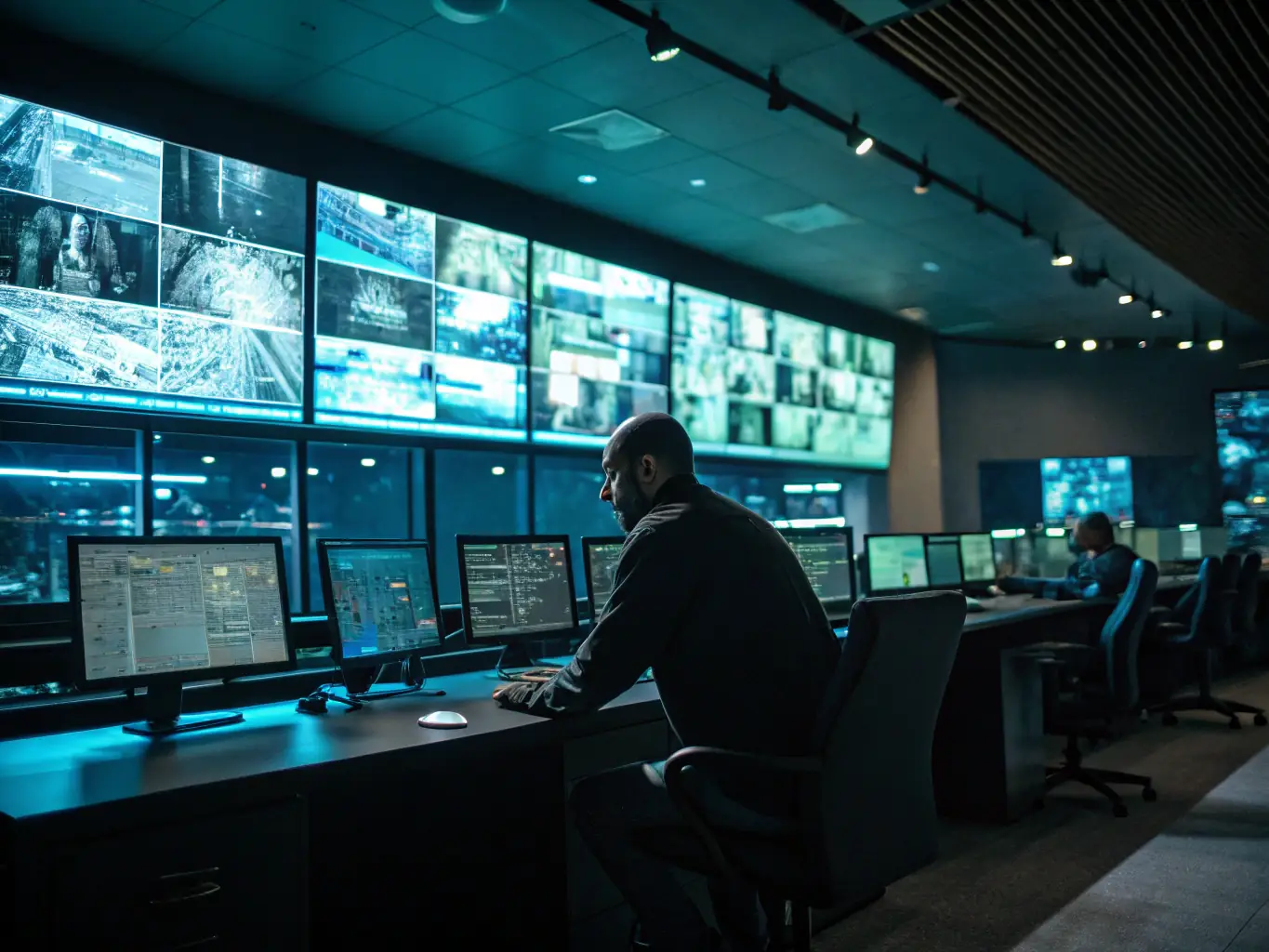 A high-tech security monitoring room with multiple screens displaying live camera feeds, showcasing real-time incident detection and response.