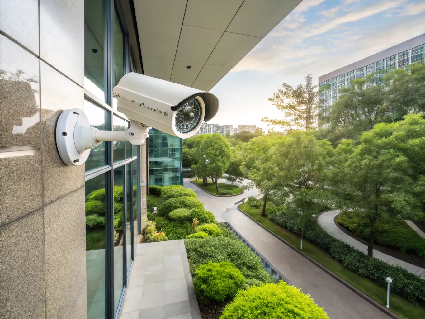 A high-resolution security camera mounted on the exterior of a house, capturing a wide view of the property. The image is crisp and clear, showcasing the camera's advanced technology.