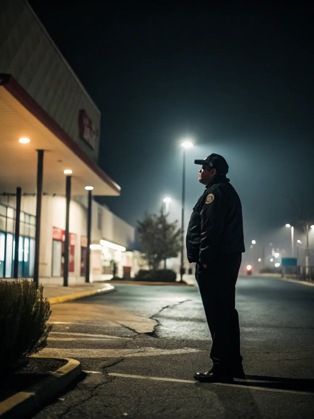 A security guard standing watch outside a commercial building at night, ensuring the safety of the premises. The scene is well-lit, and the guard is alert and professional.