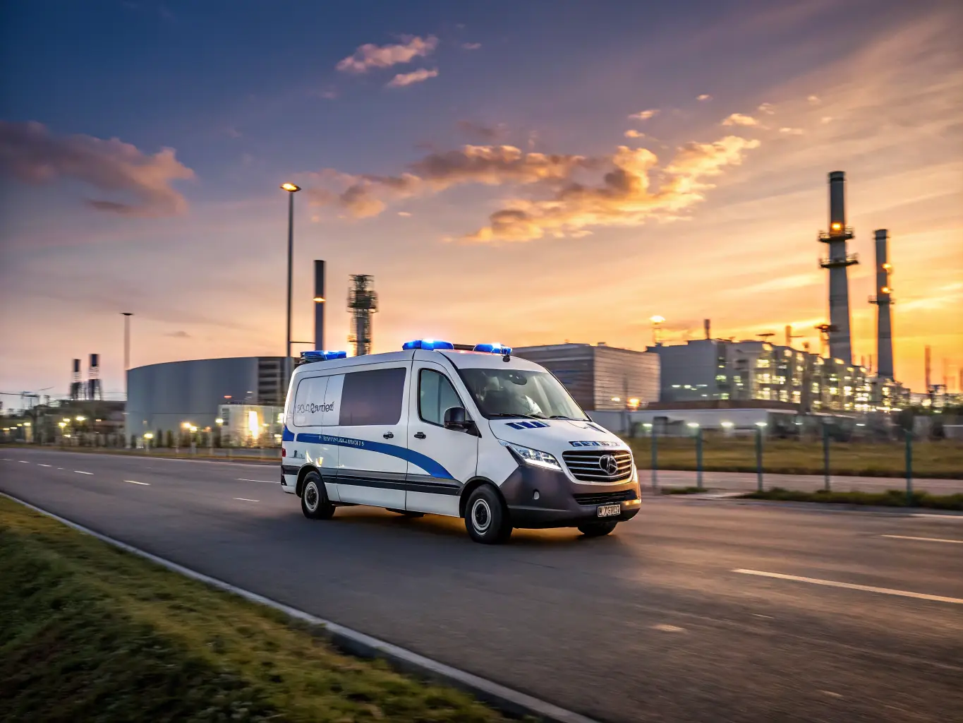 A Patrol Pro security vehicle patrolling a residential neighborhood at night, with visible security signage.
