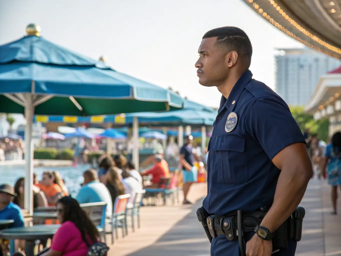 A security professional in plain clothes discreetly observing a residential area, ensuring the safety and security of the neighborhood. The scene conveys a sense of vigilance and protection.