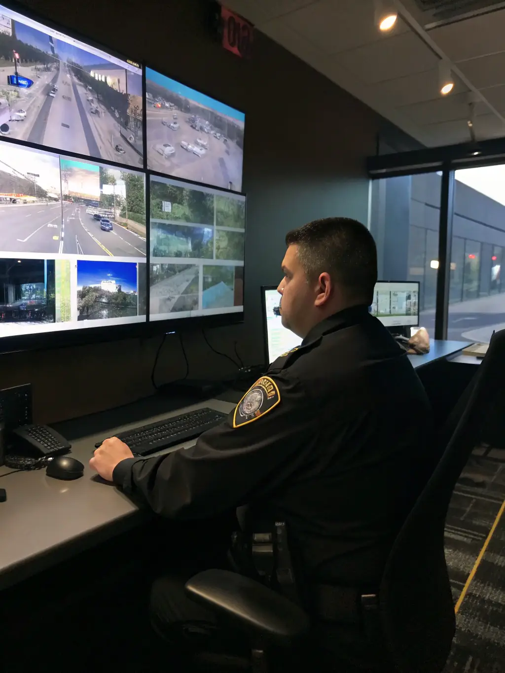 A high-tech security control room with multiple screens displaying live video feeds from various locations. Security personnel are monitoring the screens.