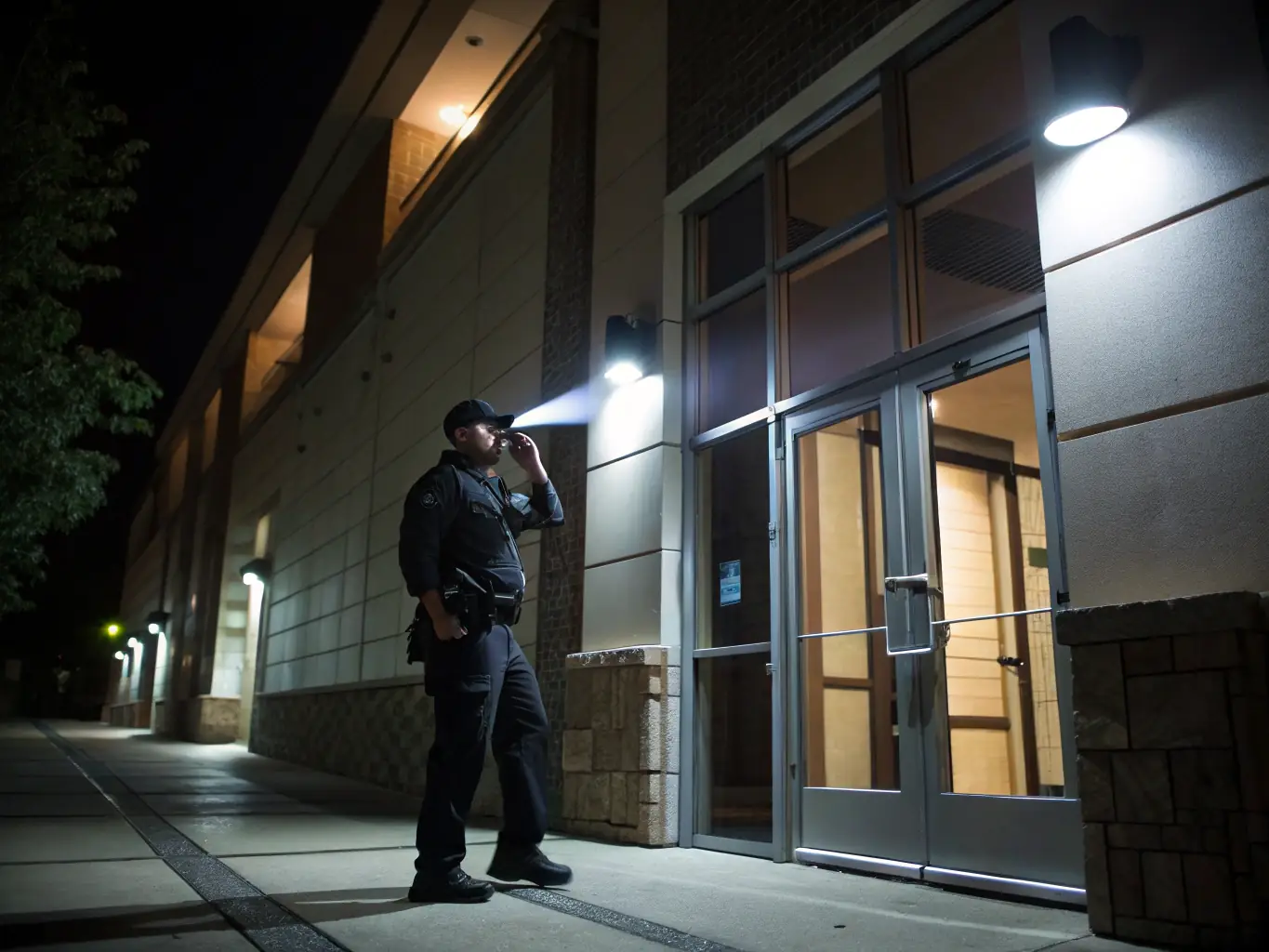 A security guard patrolling a corporate building at night, with a modern uniform and equipment, ensuring the safety of the premises.